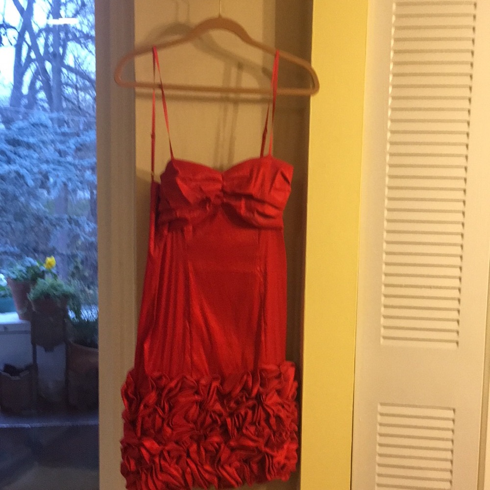 Red couture dress w rose ruffles size 4